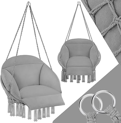 tectake® Fauteuil Suspendu Relax Design Intérieur & extérieur, Fauteuil Relax, Fauteuil de Lecture Cocooning 1 Place, Coussin Chaise XXL Moelleux Inclus - Gris