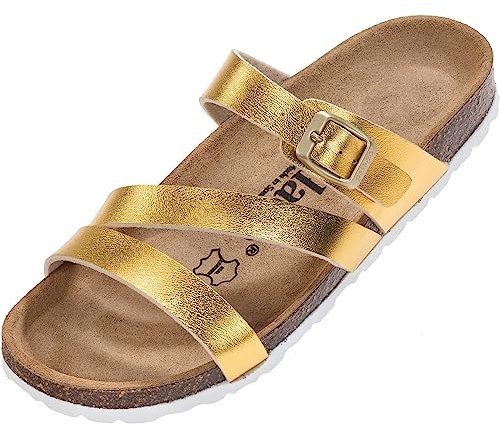 Palado Pantoletten Damen Ikaria – bequeme Sandalen Made in Spain - Hausschuhe mit dämpfendem Kork-Fußbett - modische Sommerschuhe Gold Metallic UK8 - EU41