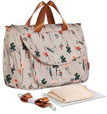 SONARIN Grande Capacité Élégant Sac à Langer pour Bébé Fourre-tout,Sac à Langer Bandoulière Bébé Imperméable Sac de Maternité Sac à Couches de Voyage avec Matelas à Langer(Fleur Kaki)