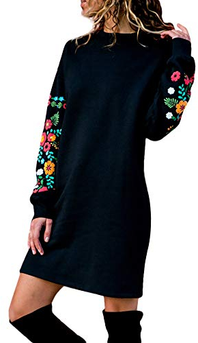 AMhomely Autumn Winter Casual Long Sleeve Floral Embroidery Sweatshirt Dress - Plus Size, UK Ladies Button Tunic in Black