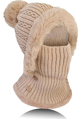 TAGVO Winter Warm Strickmütze Halswärmer-Sets, Damen Wintermütze Flexible Strickmütze mit Haarball, Balaclava Sturmhaube Weiches, Dickes Fleece gefüttert, Verstellbare Gesichtsmaske für Frauen