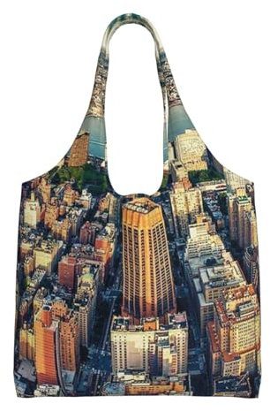 ZaKhs Penthouse View Over New York Manhattan Print Shopping Bag Women Men Lightweight Big Capacity Canvas Tote Bag Foldable Grocery Bag For Shopping Work Travel, Schwarz , Einheitsgröße