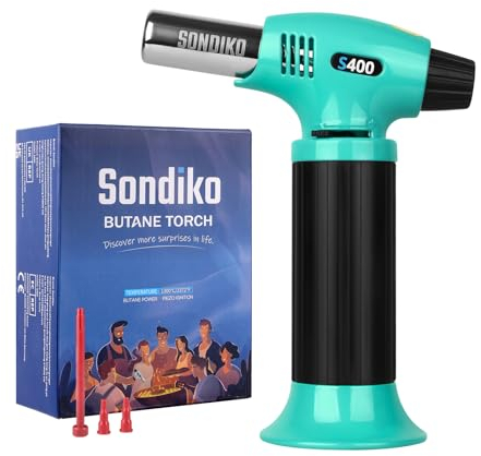 Sondiko Blow Torch S401, Refillable Kitchen Blow Torch, Fit All Butane Tanks Butane Torch with Safety Lock and Adjustable Flame for Desserts, Creme Brulee, and Baking (Butane Not Included), Cyan