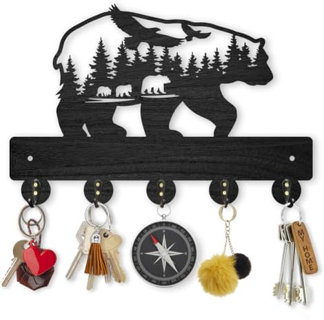 MAYJOYDIY Porte-manteau mural en bois à motif d'ours noir 30 x 20 cm Porte-clés en bois à motif forestier avec 5 crochets en alliage pour cuisine, chambre à coucher