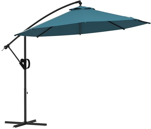 Outsunny 3(m) Cantilever Parasol with Cross Base, Banana Parasol with Crank Handle, Tilt and 8 Ribs, Round Hanging Patio Umbrella for Outdoor Pool, Garden, Balcony, Blue