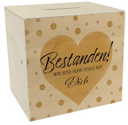 Bestanden Spardose aus Holz mit Spruch Wir sind sehr stolz auf Dich Glückwunsch zum Abitur Herzliche Liebe Abschluss Anerkennung Ideal für Schule neben Fernseher