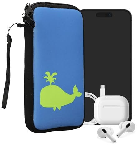 kwmobile Handytasche für Smartphones XL - 6,7/6,8 - Neopren Handy Tasche Hülle Cover Case Schutzhülle - Umriss Wal Neon Grün Blau - 17,2 x 8,4 cm Innenmaße