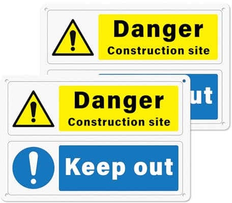 YIKIADA Danger Construction Site Keep Out Signs Aluminium 300 mm × 200 mm Self-adhesive Signage 4 Pre-Drilled Holes Safety Warning for Building Industrial Areas Office 2 PCS