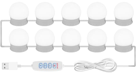 ALLOMN LED-Schminkspiegelleuchten, 10 Glühbirnen USB-Schminkspiegel Beleuchtungsset mit 3 Farbmodi & 10 Helligkeitsstufen Aufklebbare LED-Schminkspiegel-Glühbirnen für Badezimmer Schminktisch Spiegel