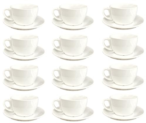 Chef-hub 9oz Commercial Quality Ceramic Cup and Saucer Set, 24 Pieces, White (12 Cups & 12 Saucers)