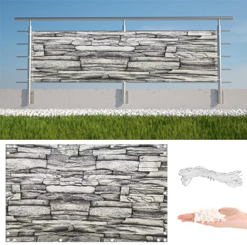 Balkon Sichtschutz 1.1 x 3m Blickdicht Wasserdicht Windschutz, Seitenbalkonverkleidung für Garten Sichtschutz, mit Seil Kabelbindern und Ösen, Stein-Streifen
