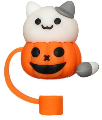 HFLWYWD Halloween Straw Cover Cap for Stanley Cup, Silicone Skull Ghost Straw Topper for 10mm/0.4in Dia Straw,Dust-Proof Reusable Straw Tips Lids for 30&40oz Tumbler with Handle (Orange Pumpkin Cat)