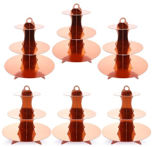 Oungy 6Pack Cardboard Cupcake Stand 3 Tier, Round Cardboard Cake Stand, Rose Gold Dessert Tower Stands for Afternoon Tea, Round Dessert Display Tower Holder for Birthday, Party, Wedding