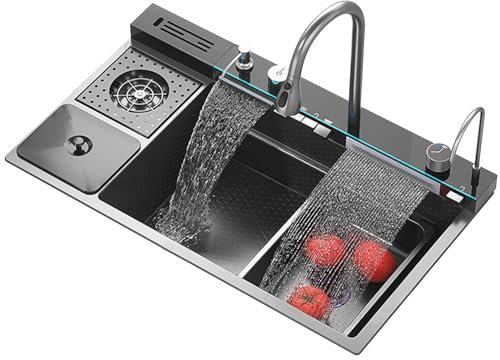 Fregadero de cocina genérico 82 x 48 cm con basura, lavaplatos, nuevos fregaderos de acero inoxidable con dos cascadas, grifo integrado