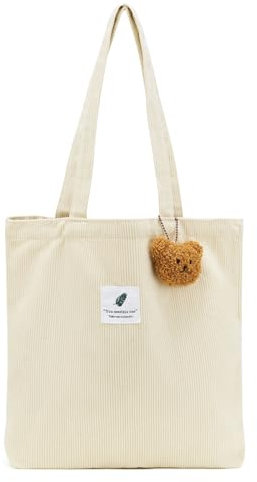 QIUTIMIY cord Tasche Damen Groß Tote Bag shopper schultertasche uni tasche beutel Handtasche Alltagstasche Beuteltasche Stofftasche für Arbeit Einkaufen Schule,Weiß