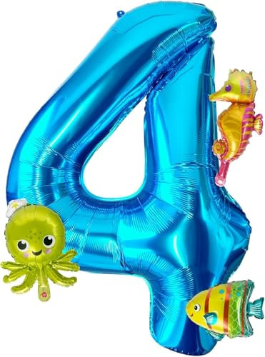 4Pcs Meerestiere Ballons,40 Inch Luftballon 4 Geburtstag,Ballon 4 Geburtstag Junge,Meerestiere Folienballon,Ozean Deko Geburtstag,Geeignet für Kindergeburtstage, Ozean Themenpartys