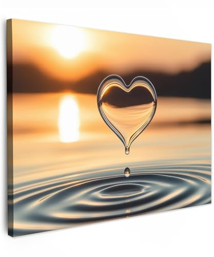 MuchoWow© Leinwandbilder Wall Art Decoration Bilder für die Wand | 80x60 cm - Schlafzimmer Deko Canvas Painting Wanddekoration Wohnzimmer Herz - Wasser - Sonnenuntergang - Natur - Zen