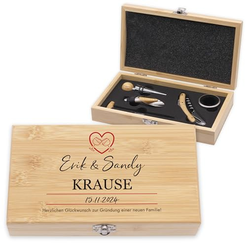 LAUBLUST Weinöffner Set Personalisiert - 5er Weinzubehörset als Sommelier Set | Liebespaar - Wein Zubehör mit Geschenkbox aus Holz | Personalisierte Geschenke für Paar mit Korkenzieher & Thermometer