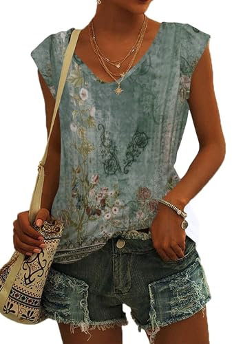 NARRAME T-Shirt da Donna con Maniche ad Aletta e Scollo a V Camicetta Estiva da Donna Top Casual Leggero Floreale Verde Rosa Small S 34-36