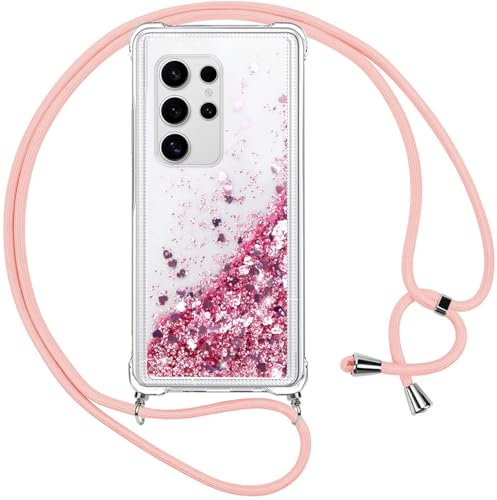 Vauki Cover per Samsung Galaxy S25 Ultra 5G con Cordino, Trasparente Glitter Liquido Antiurto Tracolla Custodia, Antiurto Antigraffio Silicone Bumper Laccio Protettivo Case per Samsung S25 Ultra, Rosa