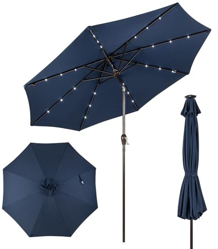 RELAX4LIFE Sonnenschirm Ø3M, Gartenschirm mit LED, Marktschirm Sechseck, Terrassenschirm mit Kurbelmechanismus, Kurbelschirm UV-beständig und Wasserabweisend, Ampelschirm Metallstruktur (Dunkelblau)