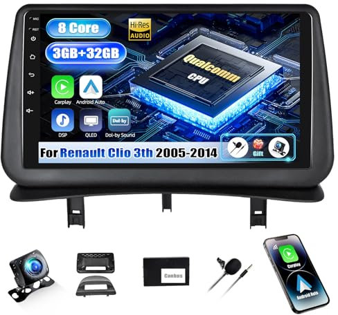 SIXWIN Qualcomm 8 Core 3+32G SIXWIN Android 13 Radio Coche para Renault Clio 3th 2005-2017 con CarPlay&Android Auto&DSP,QLED,9 Pulgadas Pantalla Táctil con WiFi6/GPS/Bluetooth5.1/RDS/FM con Cámara