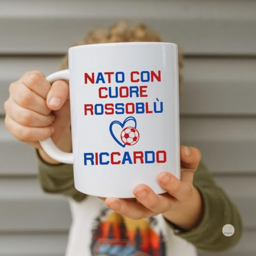 Butterfly Store Tazza “Nato con Cuore Rossoblù” – Personalizzabile con Nome – Regalo Tifoso Bologna – Idea Regalo Calcio – Ceramica Bianca 325 ml - Squadra Calcio del Cuore