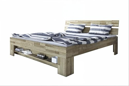 möbelando Massivholzbett >Link< aus Wildeiche, Liegefläche 140x200 cm, mit Fußteilregal, modernes Design mit 2-geteiltem Kopfteil, stabile Ausführung, Stellmaß ca. 145x88x215cm BxHxT.