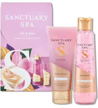SANCTUARY Spa Lily & Rose Bodycare Duo – Luxury Body Wash & Scrub Gift Set for Women – Floral Skincare Pamper Gift, Ideal for Birthday, Christmas & Self Care
