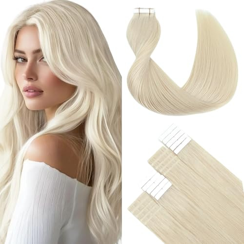 SURNEL Tape Extensions Echthaar #60 Platinblond Tape in Extensions 45cm 18 Zoll 50 Gramm 20 Stück(#60-45cm)
