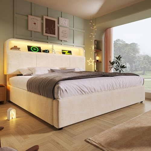 NovaFurnish Polsterbett Doppelbett 140x200cm mit höhenverstellbarem Stauraum-Kopfteil, Hydraulisches Bett mit LED-Beleuchtung & USB/Type-C Ladestation, Samt, Beiger, inkl. Lattenrost (Ohne Matratze)