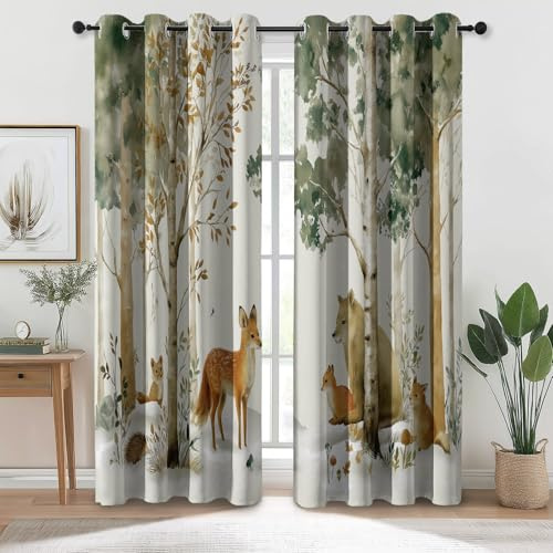 Generisch Verdunkelungsvorhänge mit Aquarell Motiv, Wald Tier Bedruckt Wärmeisoliert Vorhang mit Ösen - Weiß Schalldicht Vorhänge für Wohnzimmer Schlafzimmer Kinderzimmer, H 138 x B 117 cm (2er Pack)