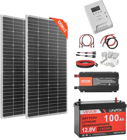 VEVOR Kit solaire complet hors réseau 400W 12V, avec 2 panneaux solaires monocristallins 200W, batterie LiFePO₄ 12,8V 100Ah, contrôleur de charge MPPT 40A et onduleur 1000W, pour camping-car, maison