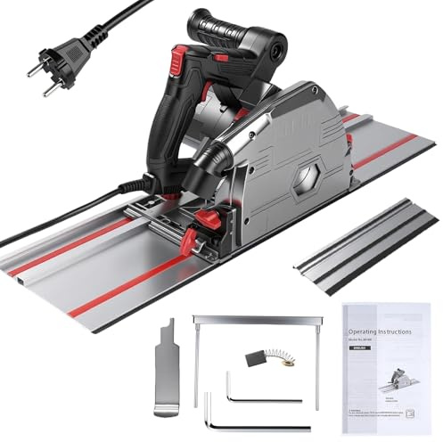 Uadme Sega a Immersione con Binario 1400mm, 1200W 5000RPM Sega Circolare per Legno, Ø165 mm Lama, Segha Elettrica, 45°/90° Angolo di Taglio, Ideale per Tagli Delicati