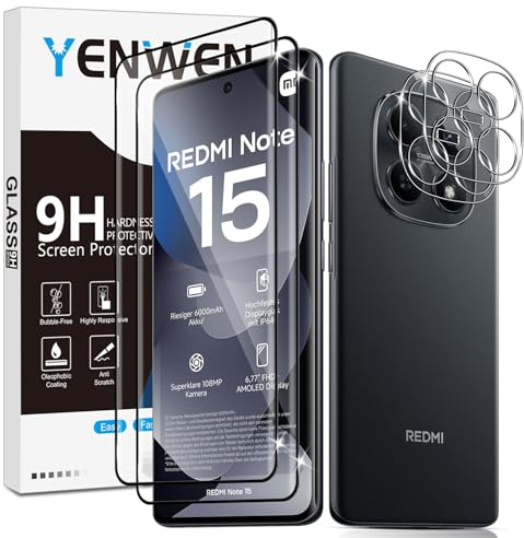 Yenwen für Panzerglas für Xiaomi Redmi Note 15 4G Schutzfolie, 2 Stück Displayschutz mit 2 Stück Kameraschutz Glas, 9H Härte Schutzglas Handy Folie HD Klar Panzer Schutz Glas