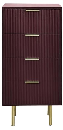 OHS Bedside Table 4 Drawers, Decorative Ribbed Wooden Nightstand End Tables Large Storage Cabinet Slim Bedside Drawers Side Table for Living Room Bedroom, Dark Berry - 78 x 36 x 24cm