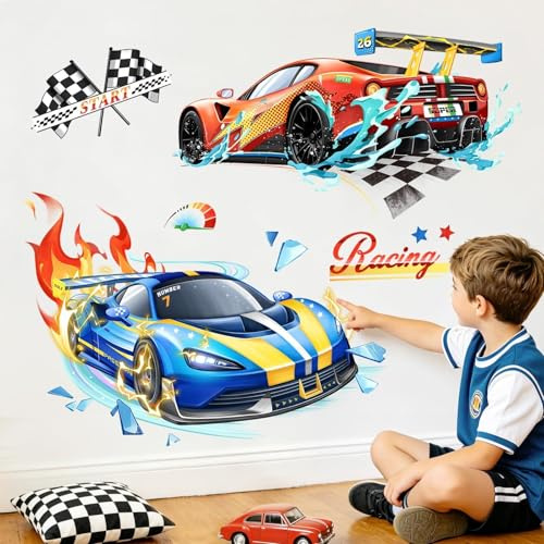 Supzone 3D Wandtattoo Autos Groß Rennwagen Sportwagen Junge Wandsticker | Rennwagen Sportwagen Wandaufkleber Kinderzimmer Junge Babyzimmer Spielzimmer Wohnzimmer Schlafzimmer Wanddeko