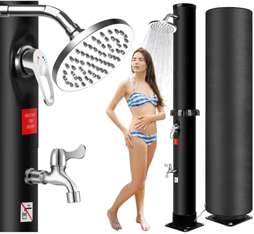 Solardusche 40L Gartendusche mit Schutzhaube, Solar Duschsäule bis 60°C mit Regendusche, Fußdusche, Mischarmatur, Gartenschlauchanschluss, PVC, Außendusche für Garten Pool Terrasse