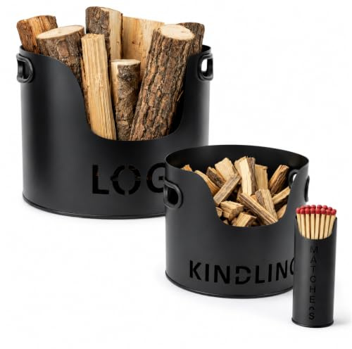 Almineez 3PC Firewood Storage Bucket Set - Black Metal Log Holder, Kindling Bucket & Matchstick Holder | Indoor Fireplace Accessories For Wood Burner, Hearth Fireside Storage Organizer
