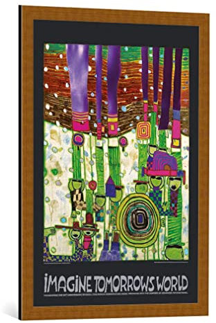 kunst für alle Bild mit Bilder-Rahmen: Friedensreich Hundertwasser Stell dir die Welt von morgen vor grün - dekorativer Kunstdruck, hochwertig gerahmt, 59x84 cm, Kupfer gebürstet