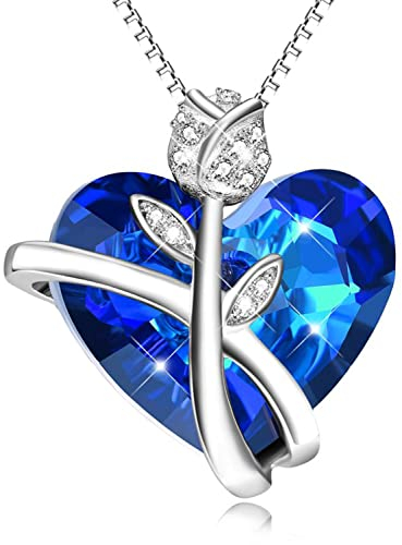 AOBOCO Collier Femme Pendentif Coeur D'amour Argent 925 Original Bleu Cristal Rose Eternelle Bijoux Cadeau Anniversaire Mariage pour Femme