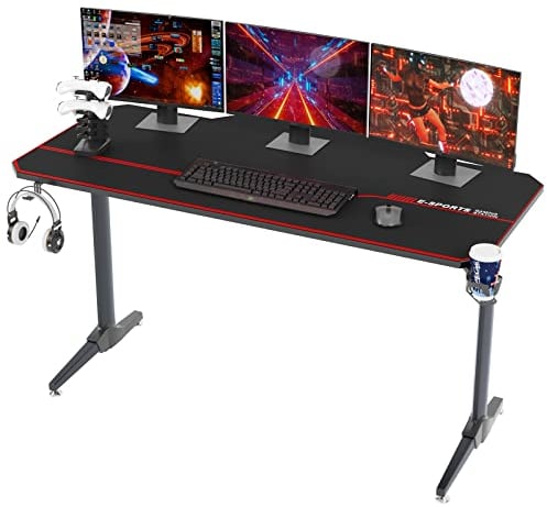 SogesHome Gaming Tisch 140cm Gaming Schreibtisch Computertisch in T-Form Gaming Table PC Tisch Schreibtisch mit Mausunterlage, Getränkehalter und Kopfhörerhaken,Bürotisch Ergonomischer Gamer Tisch