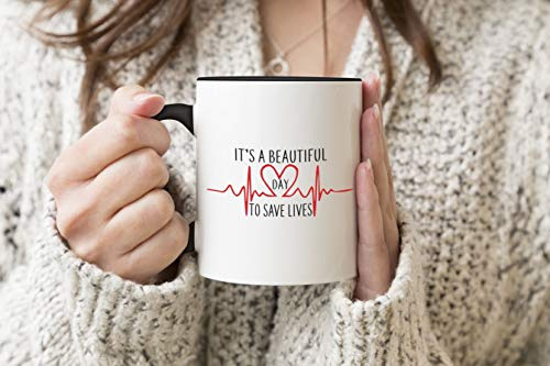 Its A Beautiful Day to Save Lives Greys Anatomy Tv Series Heart Heartbeat Black Handle Mug Coffee Tea Mug 312ml Cup