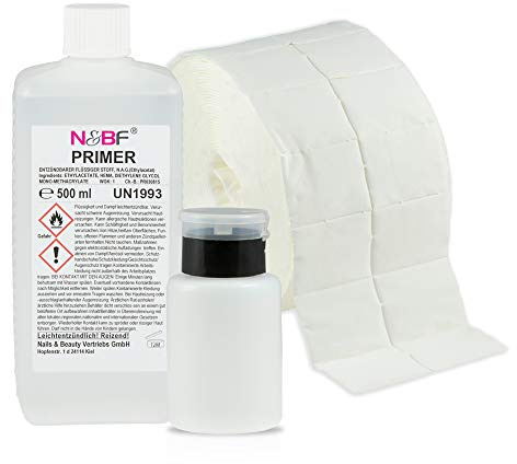 N&BF Primer Set 500ml + Dispenser Pumpflasche + 1000 Zelletten Cellulose Pads (2 Rollen à 500 Stück) – Ultrabond – Grundierung für Gelnägel – Haftvermittler (Schwarz 150)