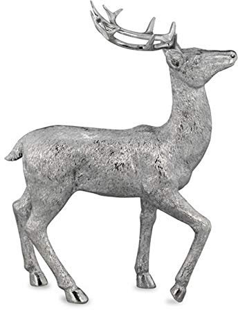 H.Bauer jun. Kleine stehende XL Kunststein Deko Hirsch Figur - silbern glänzende Jagdfigur mit Geweih - Silberglanz Weihnachts-Deko zum Hinstellen Höhe 28 cm