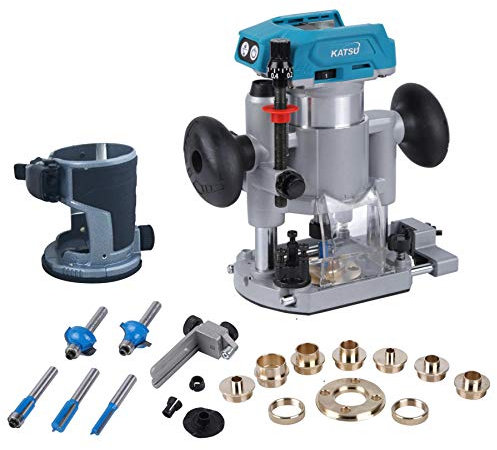 KATSU FIT-BAT 21V Brushless Akku-Holztrimmer Oberfräsen Router Joiners Werkzeug mit Tauchbasis + Spannzangen 1/4, 6mm und 8mm + 5PCs Fräser + 10PCs Kupfer Fräser Führungsbuchsen Set