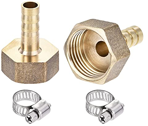 sourcing map Brass Barb Hose Fitting Connector Adapter 8mm Barbed x 3/8PT Female Pipe with 6-12mm Hose Clamp 2Set