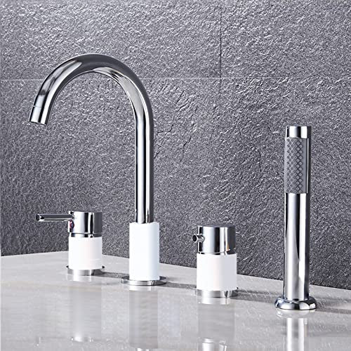 Wannenrandarmatur 4-Loch Badewannen-Armatur Heißes und Kaltes Wasser Badezimmer Armatur Set mit Handbrause Bifunktional Wannenrand Badewanne Armatur Set,Chrom+Weiß