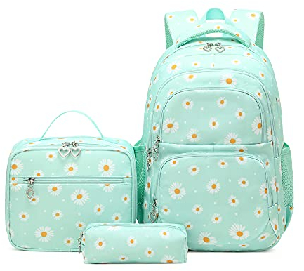 Daisy-Flower Print School Bag Backpack and Lunch Bag Set for Teens Girls Boys Bansusu Bookbag Travel Rucksack