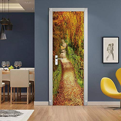 LuSeven selbstklebende fototapete Zaun Laubbaum großer Baum 90x215cm(35.43 inches * 84.64 inches) Fototapete Türfolie Poster Tapete - Abnehmbar Wandtapete Wohnzimmer PVC Wasserdichte Wallpaper Wandwan